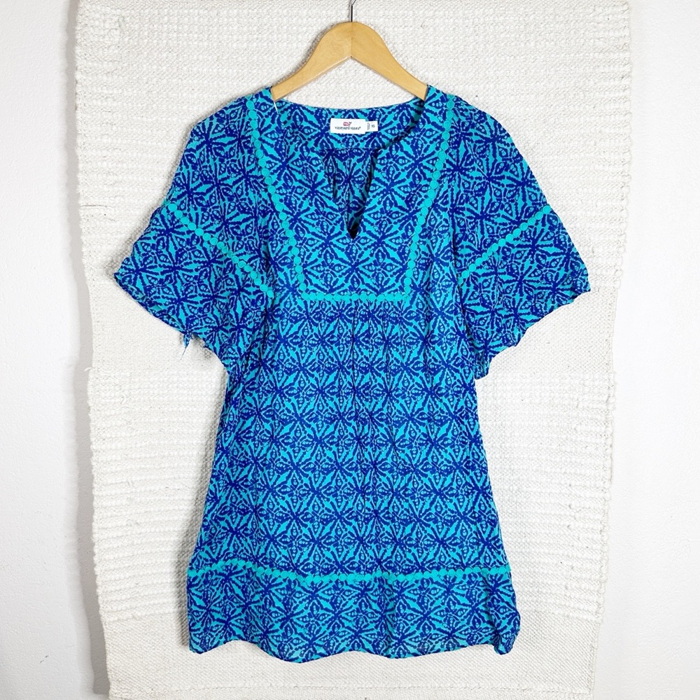 VINEYARD VINES blue geo wave printed Beach Kaftan mini dress XS